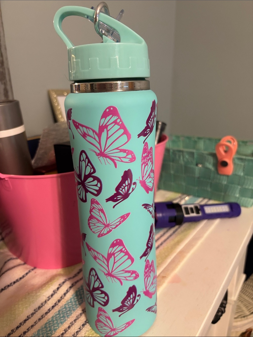 Kids Mint Water Bottle with Pink Butterfly Print